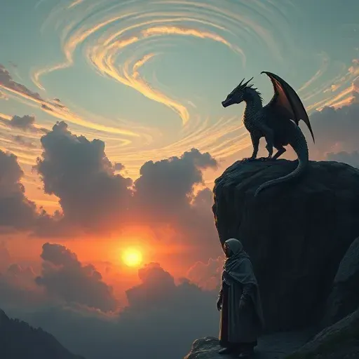 A dragon on a cliff against a swirling sunset sky